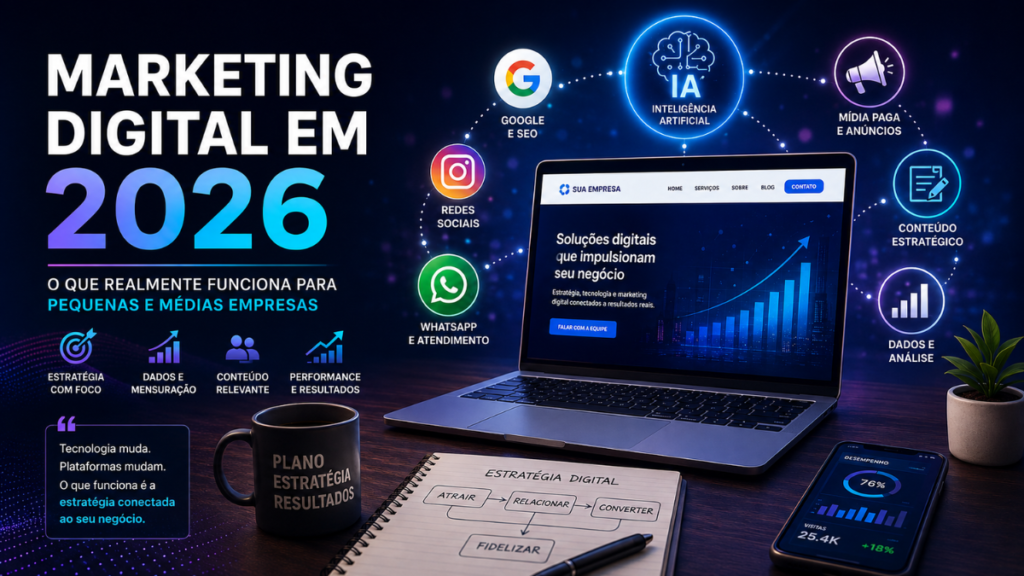 Marketing digital em 2026 para pequenas e médias empresas com SEO, IA, redes sociais e dados