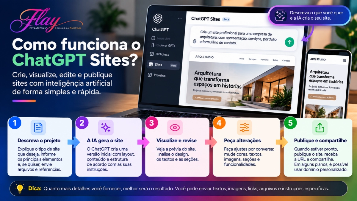 Como funciona o ChatGPT Sites para criar e publicar um site com inteligência artificial